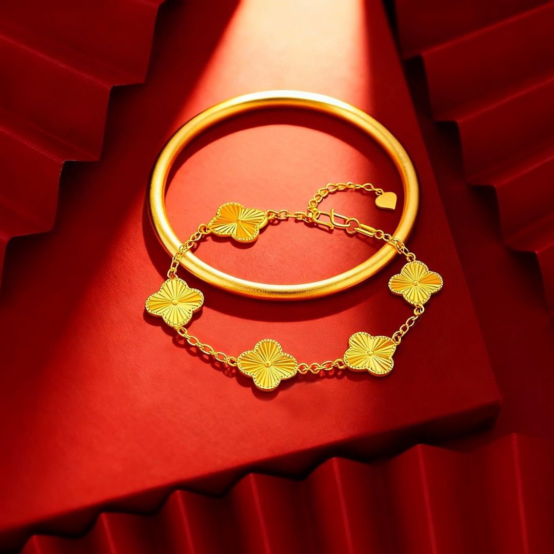 铜合金手镯 【手链+手镯两件套】幸运四叶草手链+古法素圈手镯气质