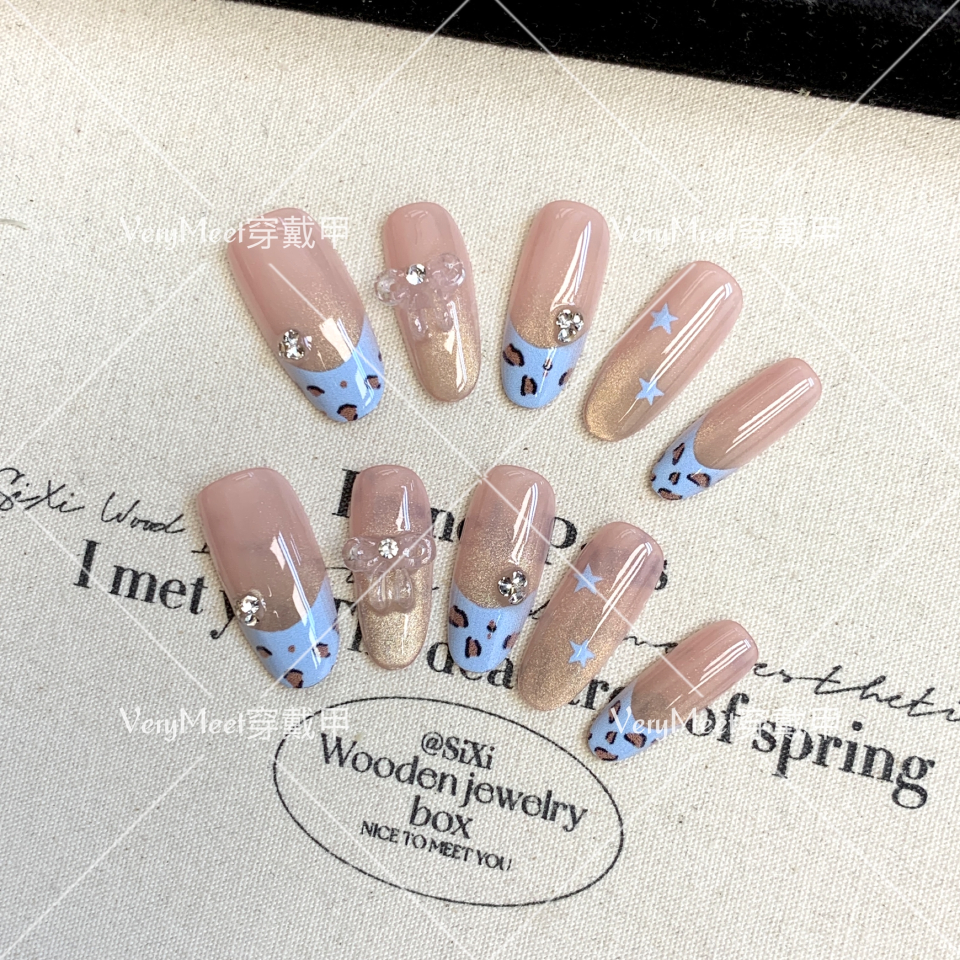 VERY MEET甜辣风奶蓝法式豹纹猫眼ins星星蝴蝶结纯欲美甲贴134