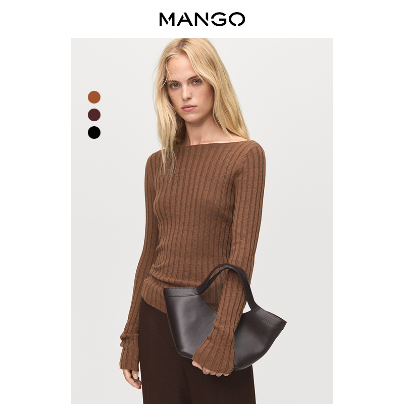 MANGO女装毛针织衫2025秋装新款船型领罗纹修身打底衫坑条毛衣