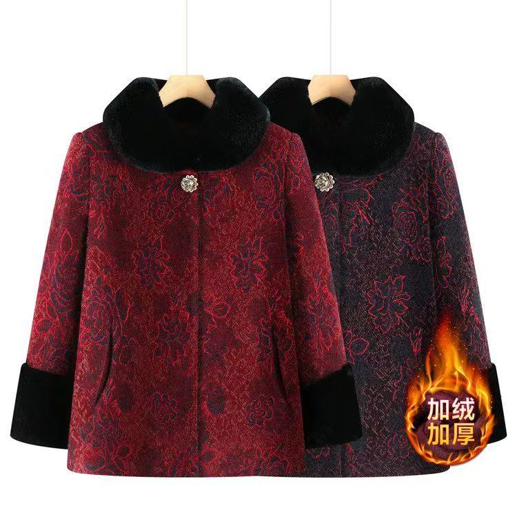 中老年新中式加绒加厚外套中老年大翻领保暖棉衣兰929