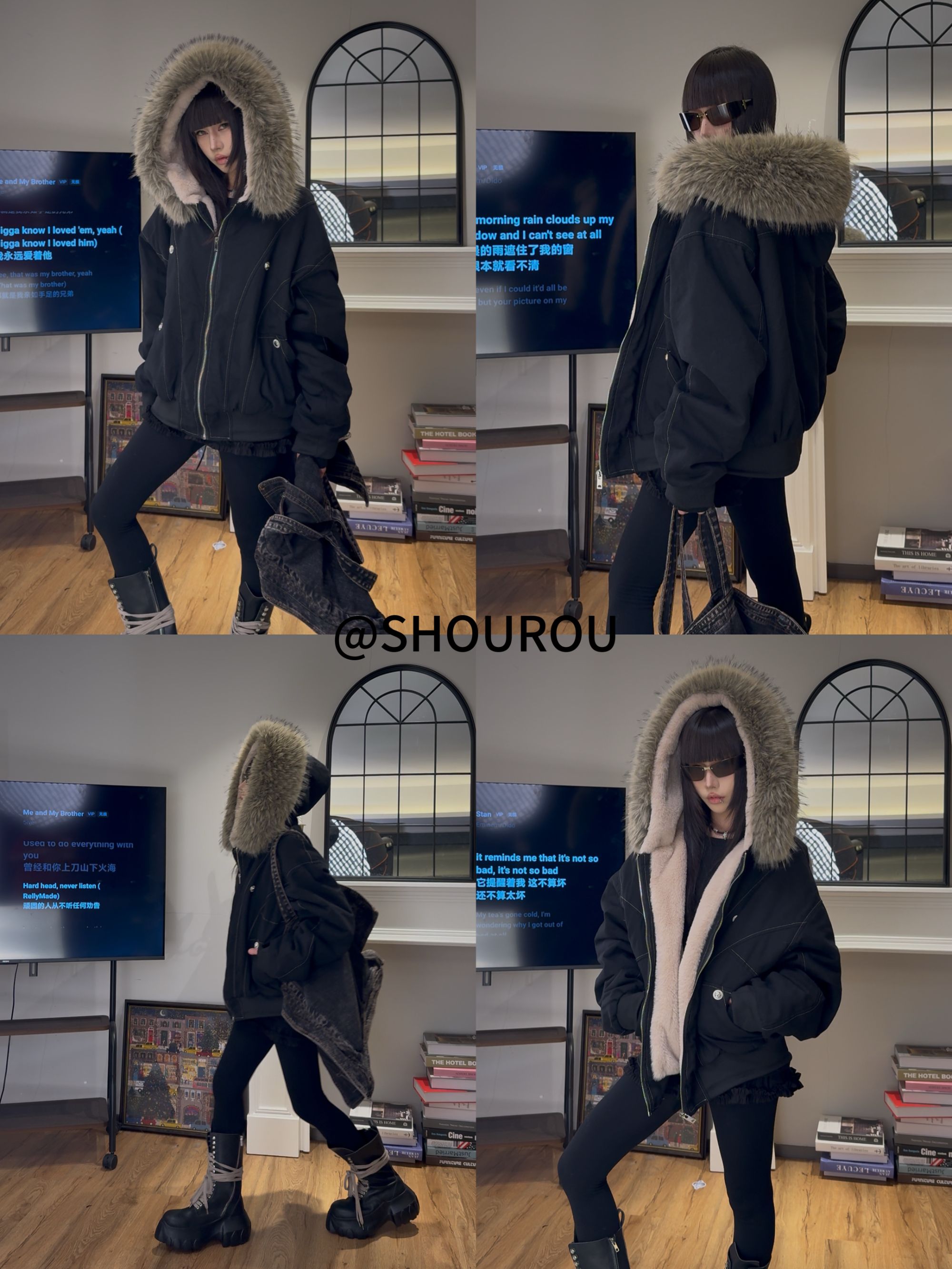 【24AO瘦小肉】冬季新款美式复古座山雕加厚毛领连帽外套V-K17