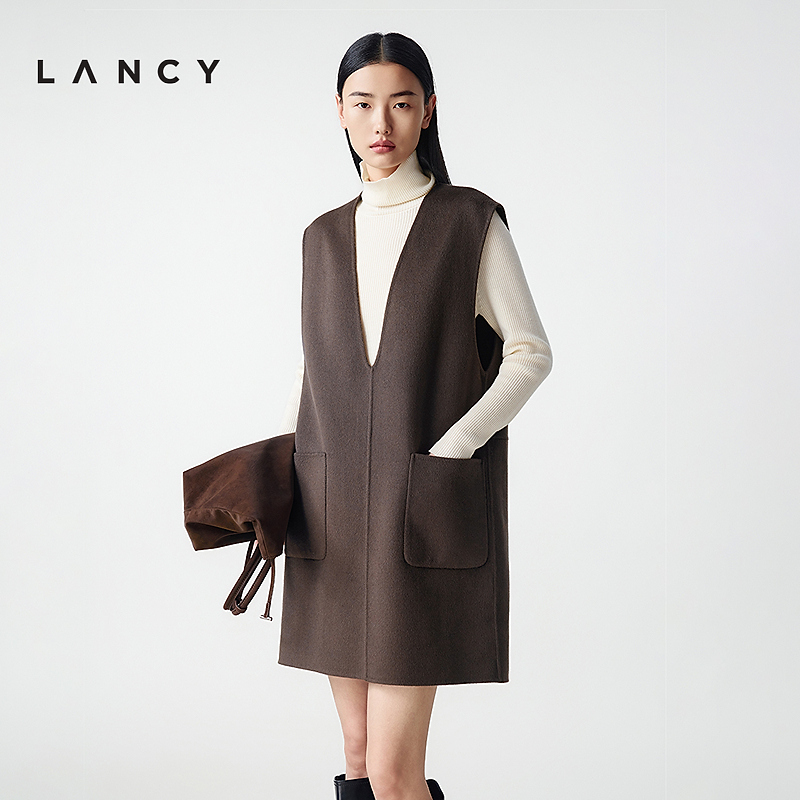 【羊毛羊绒】LANCY/朗姿2025冬新款老钱风双面呢V领背心裙连衣裙
