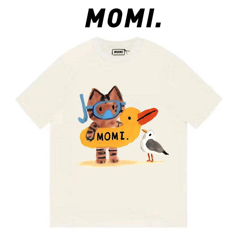 【潜水猫咪 】MOMI新款宽松T恤夏季圆领慵懒风可爱风纯棉短袖