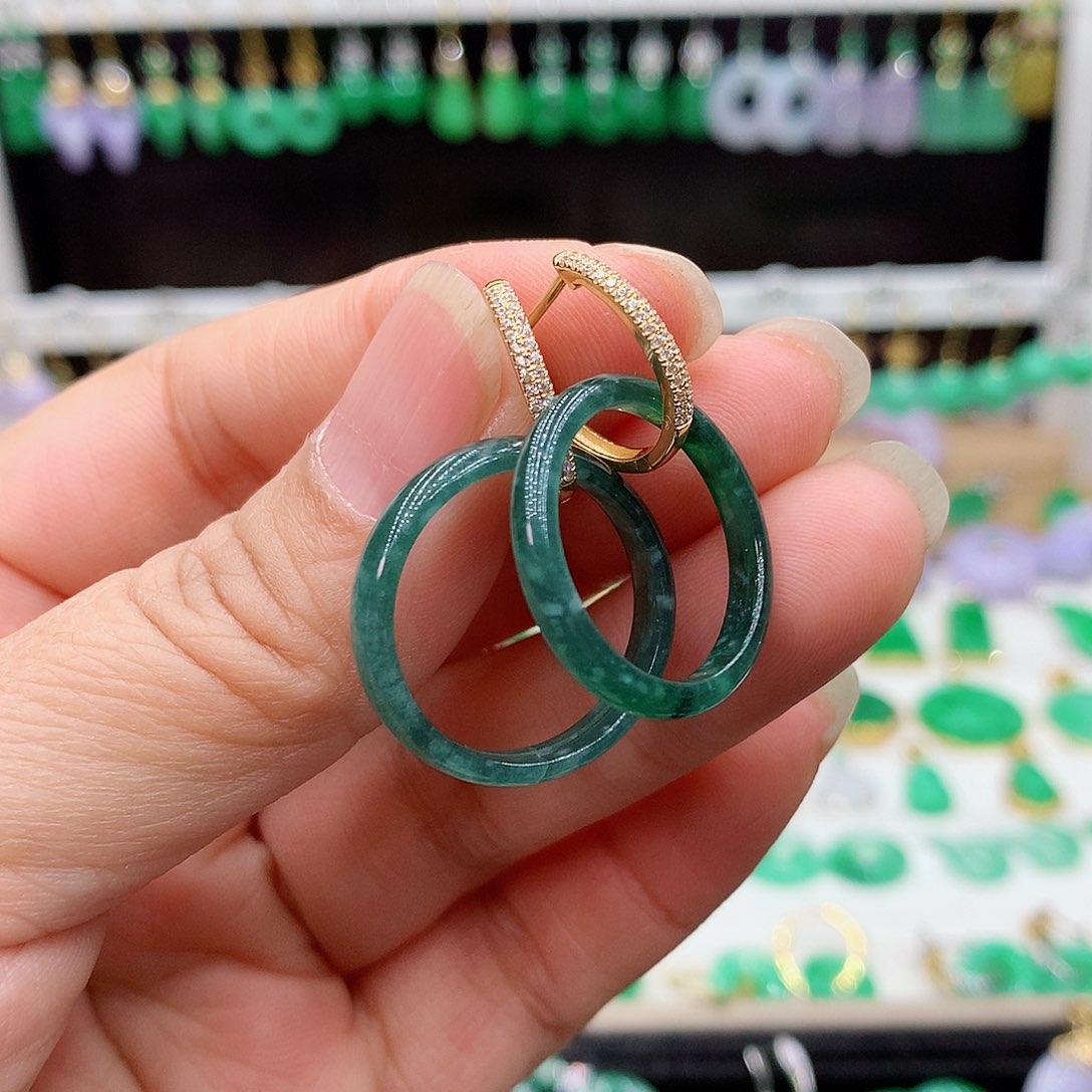 翡翠耳饰18K金镶嵌缘****汐有纹