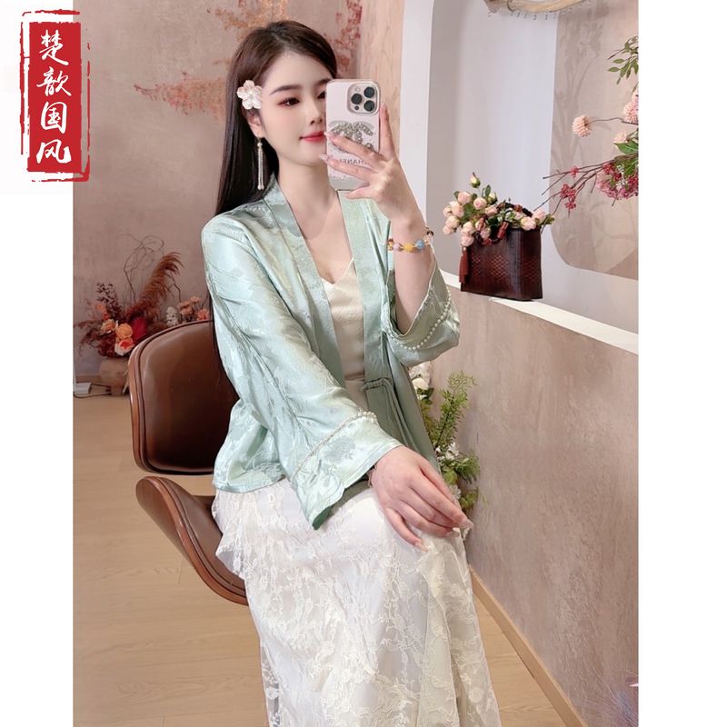 【沐菡】2025新款春秋新中式宽松外套国风气质V领提花薄款上衣女装