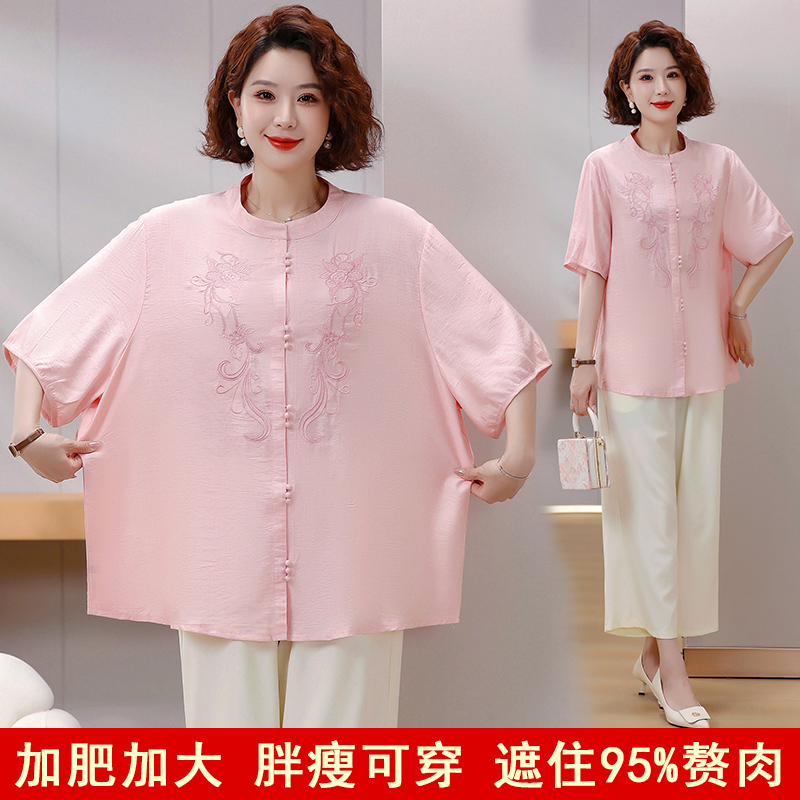 大码宽松型中老年女装中袖常规款宽松绣花中年衬衫汉服碎花薄款