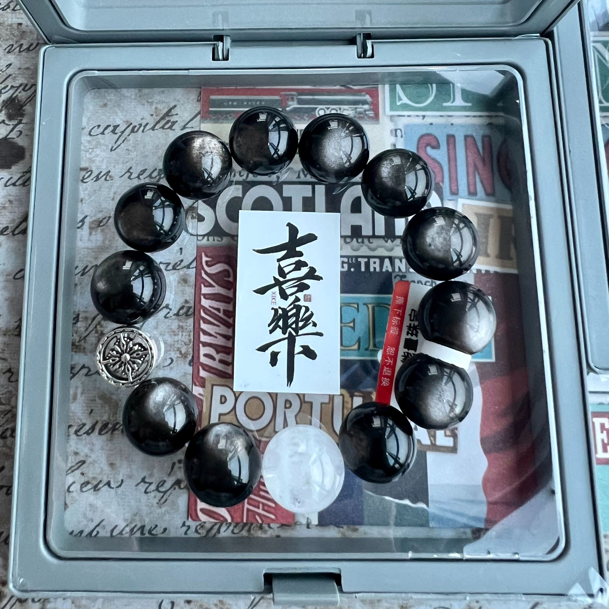 精选天然银黑曜石/雪花幽灵 水晶手串