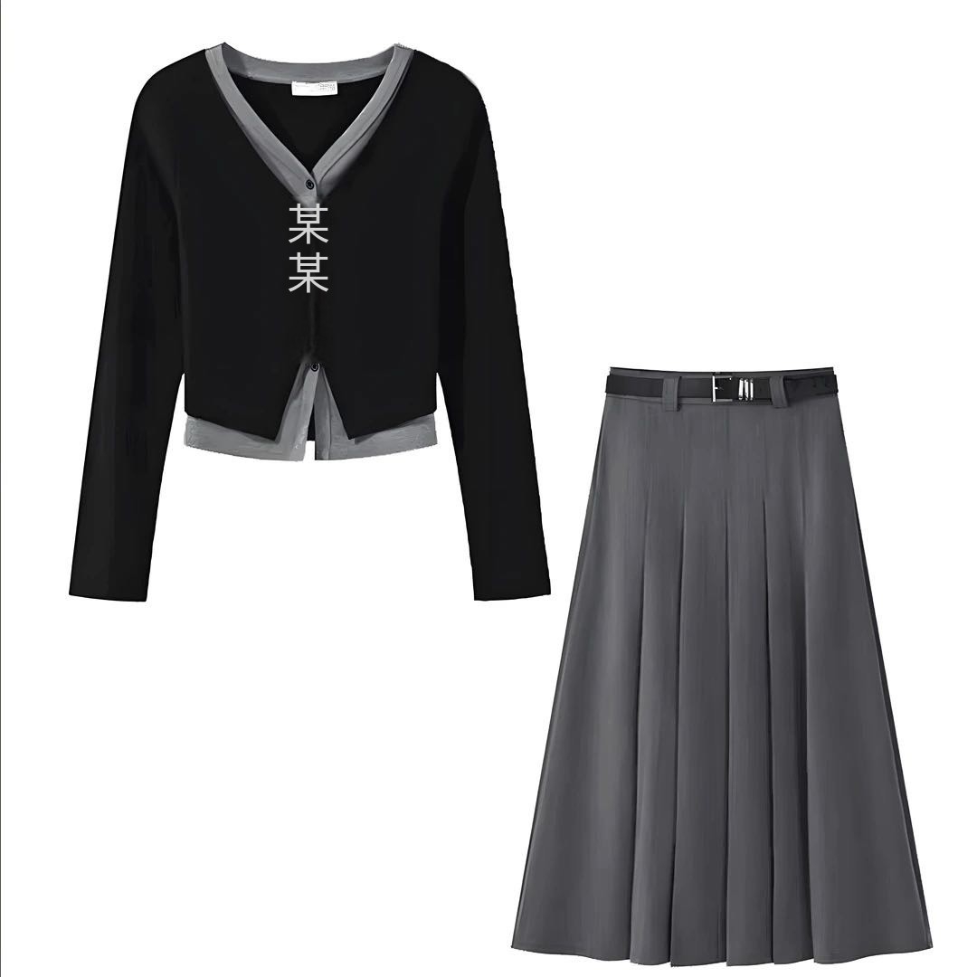 黑色假两件V领长袖T恤女春秋季新款显瘦针织蝴蝶结设计感上衣套装