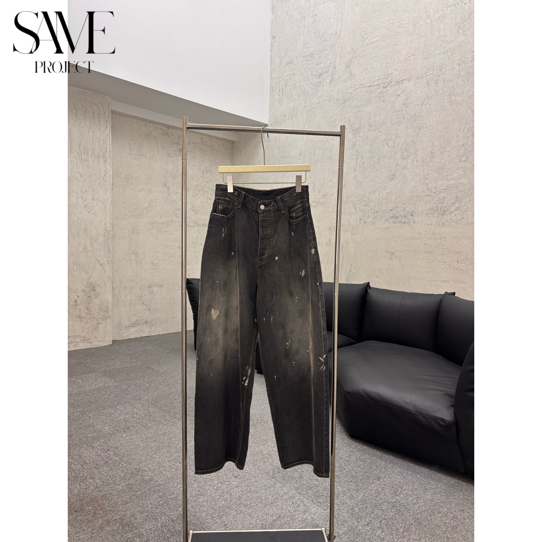 SPJ 25FW泼墨黑牛 「黑竹节定点泼墨23baggy版中低腰磨毛显瘦牛仔」