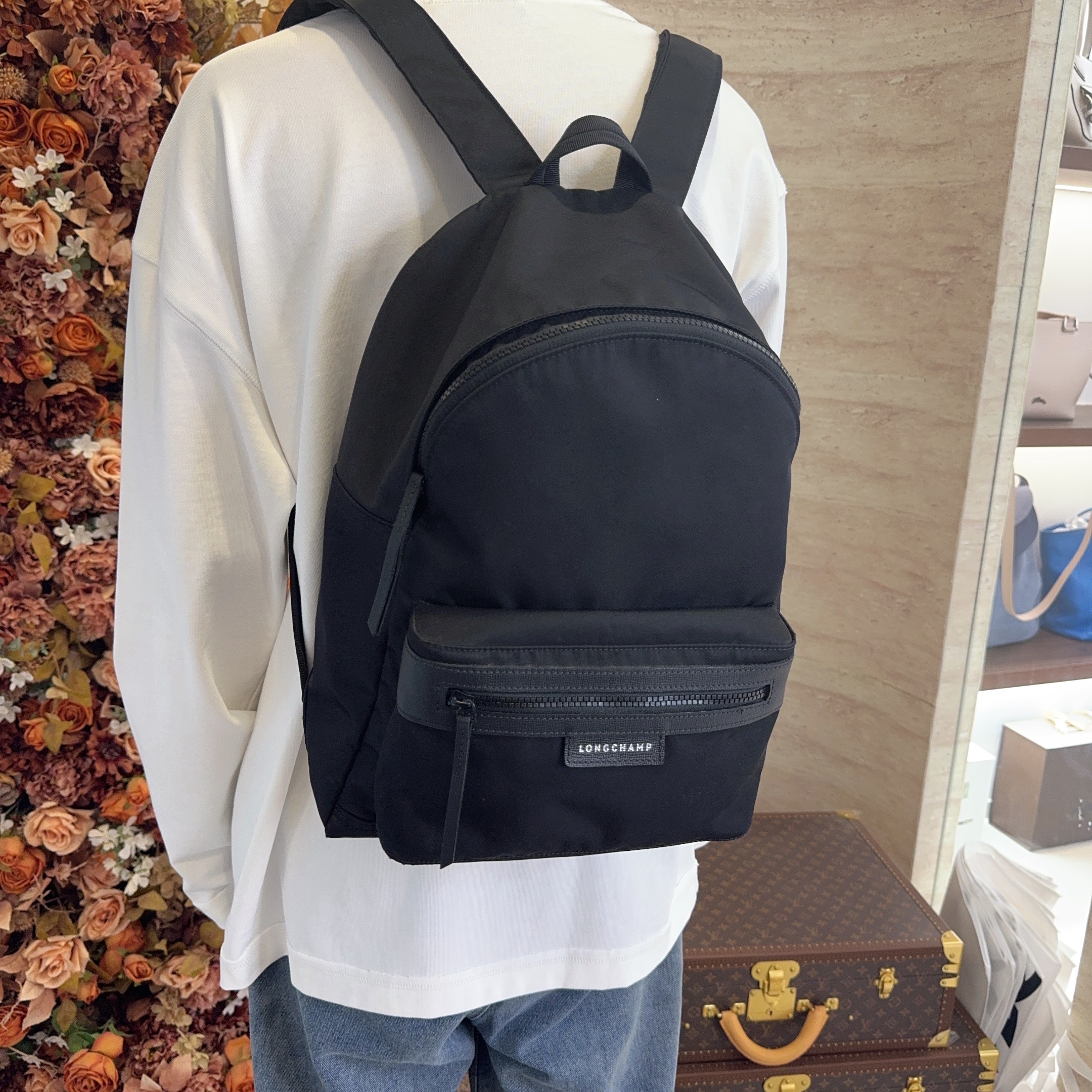 95新  冰冰中古/Longchamp/龙骧/黑色双肩包