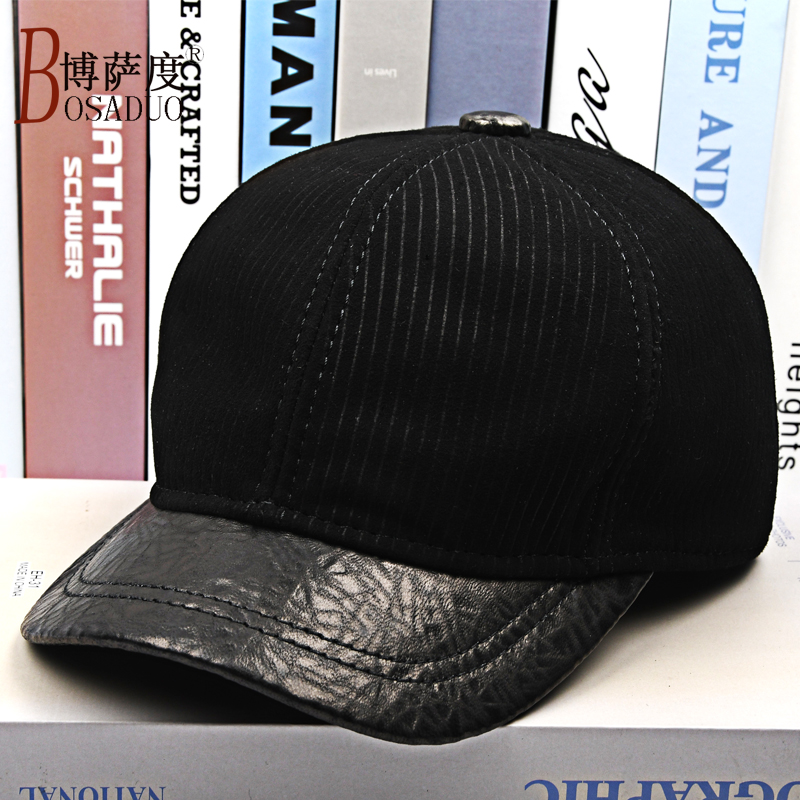 新款真皮棒球帽男秋冬季羊皮翻绒鸭舌帽中老年短檐薄款后封口帽子