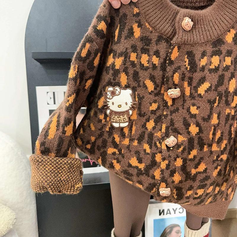 女童豹纹针织开衫外套毛衣春秋季新款童装中小孩子宝宝KT猫咪上衣