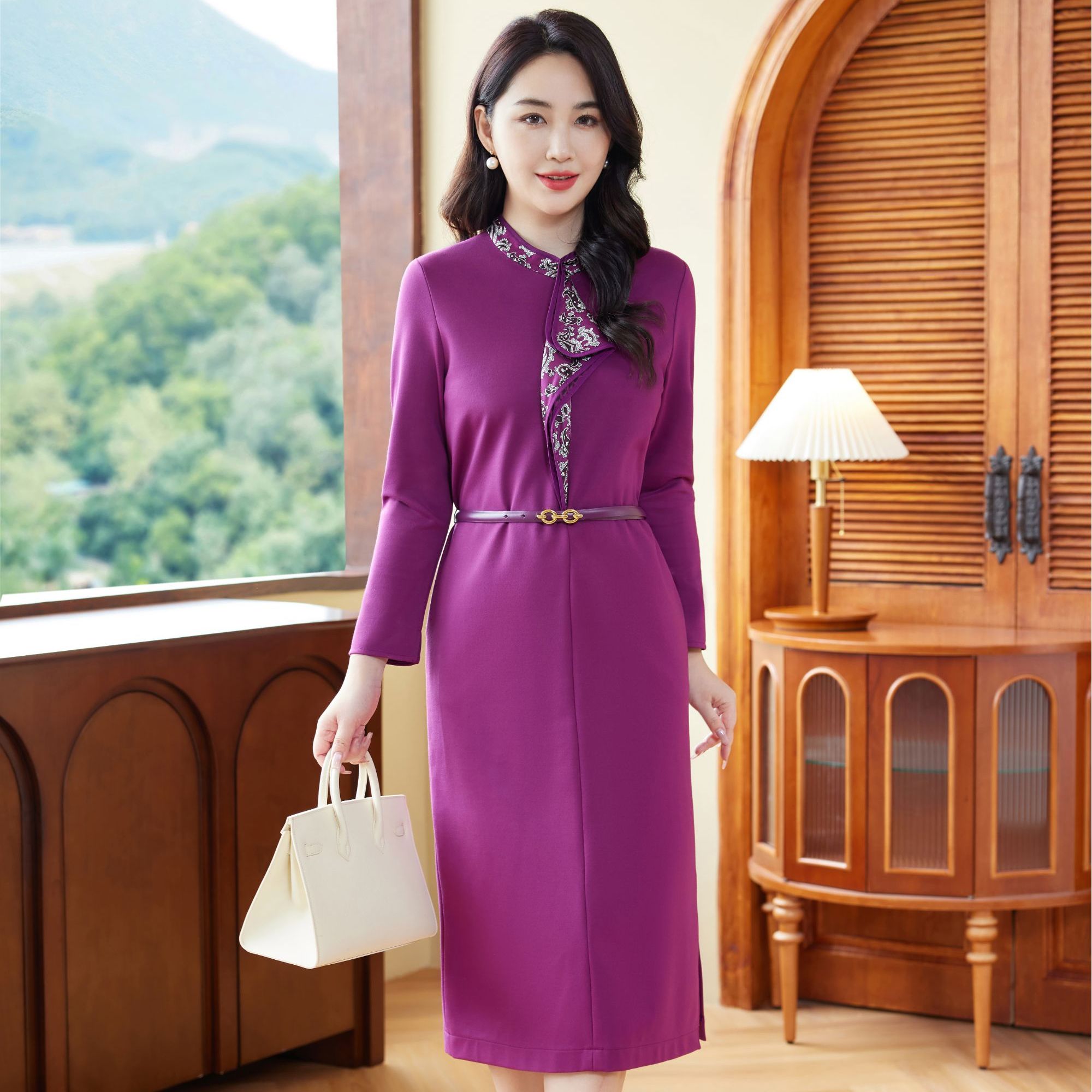 【七景超级太太】秋冬季时尚女士气质优雅女装连衣裙SL23240-玫紫色
