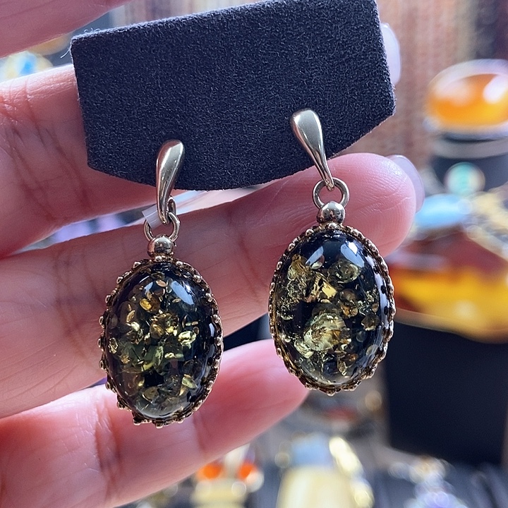 琥珀银S925镶嵌耳饰耳环