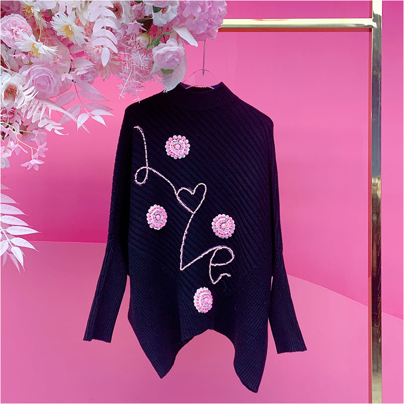 A4920欧美设计师2025冬季新款钉珠刺绣亮片花朵爱心不规则毛衣女