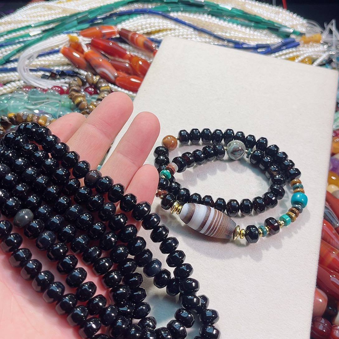 玛瑙/玉髓合金珠宝半成品黑玛瑙车轮珠一条10mm