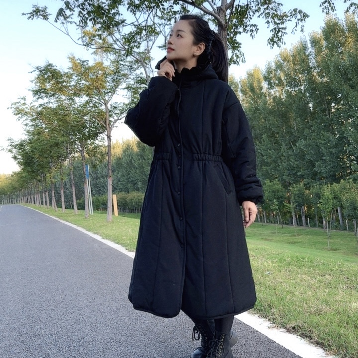 新疆棉棉花衣收腰款大长戴帽家居棉服