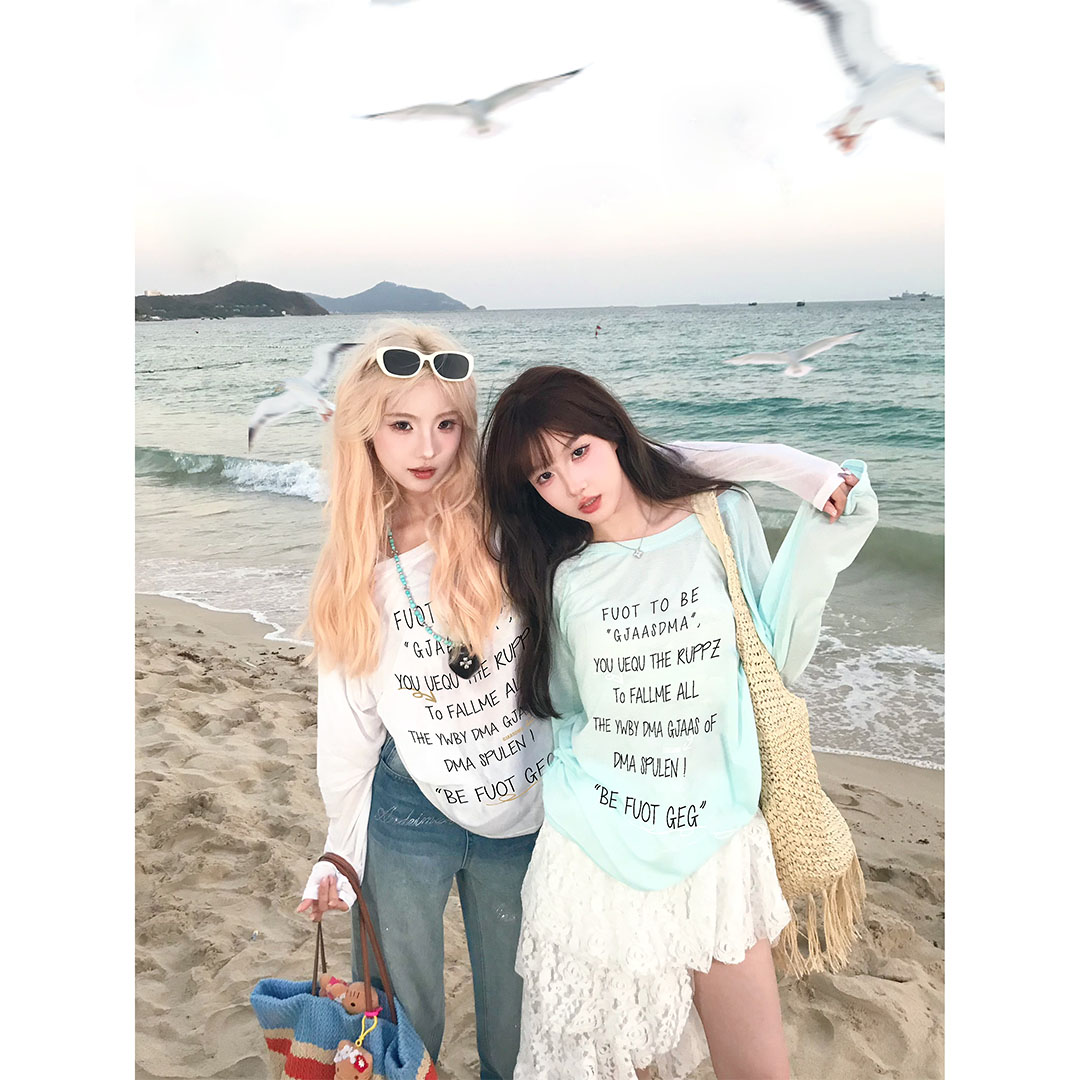 韩系慵懒风穿搭夏季长袖防晒罩衫百搭透气宽松显瘦圆领上衣