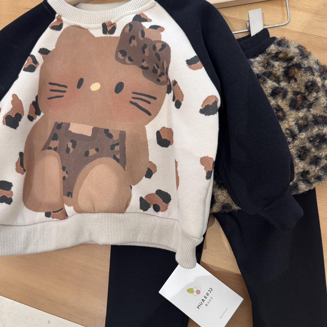 卡卡童品，309-349套头印花冬季宽松秋季卡通女 Kitty豹纹卫衣套装