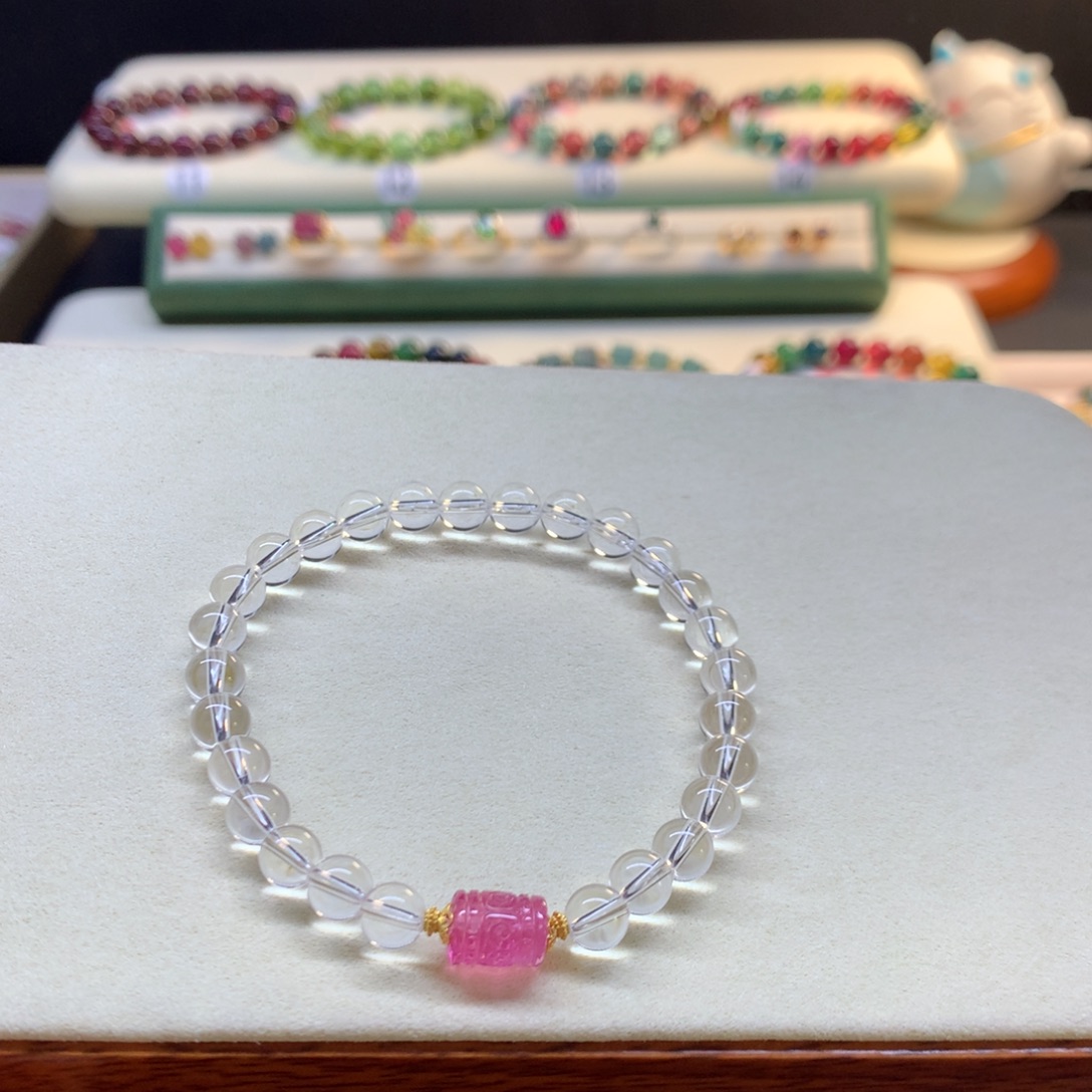 银***星水晶手串18K金镶嵌白水晶搭配碧玺回纹珠