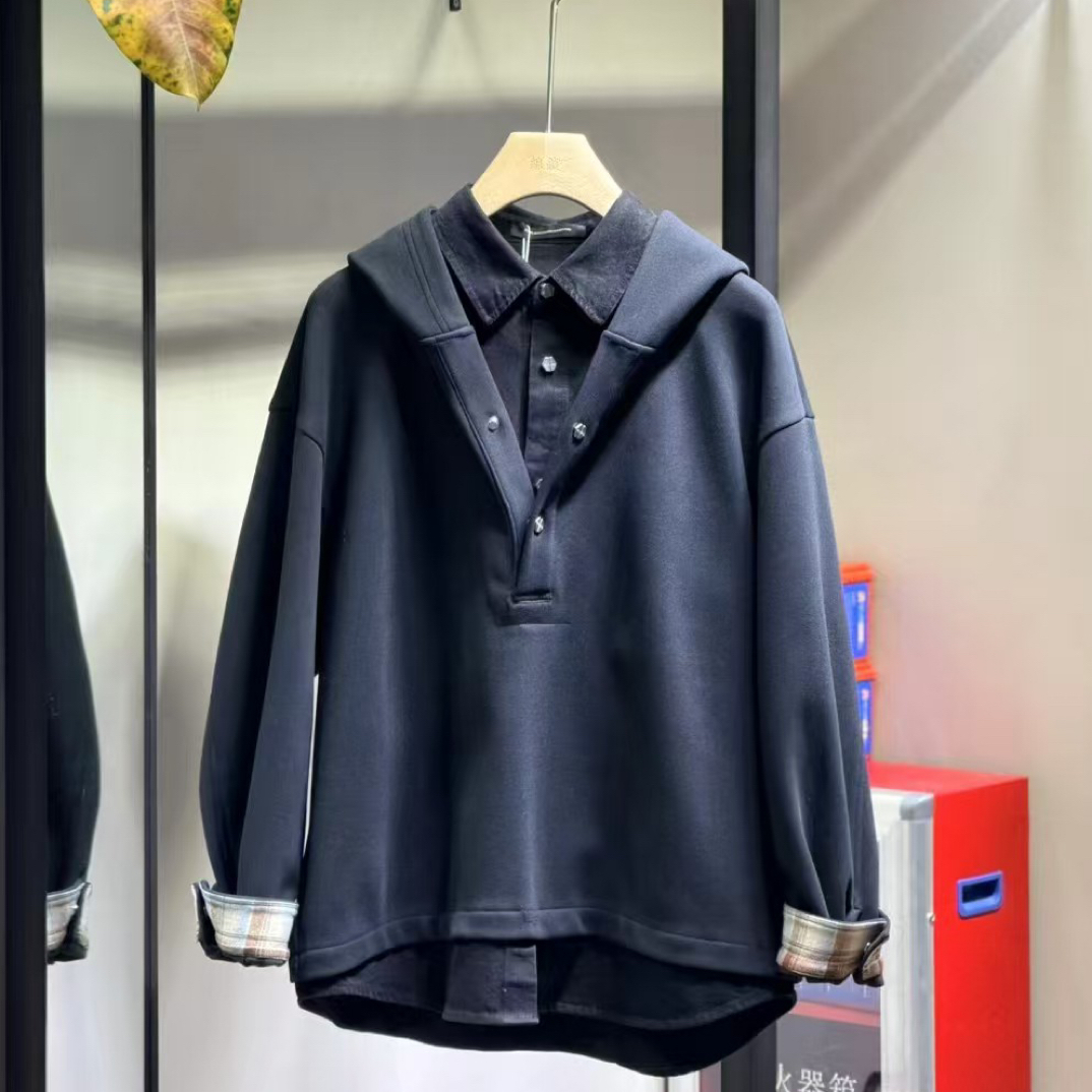 衬衣假两件 德绒拼牛仔连帽套头卫衣  冬款