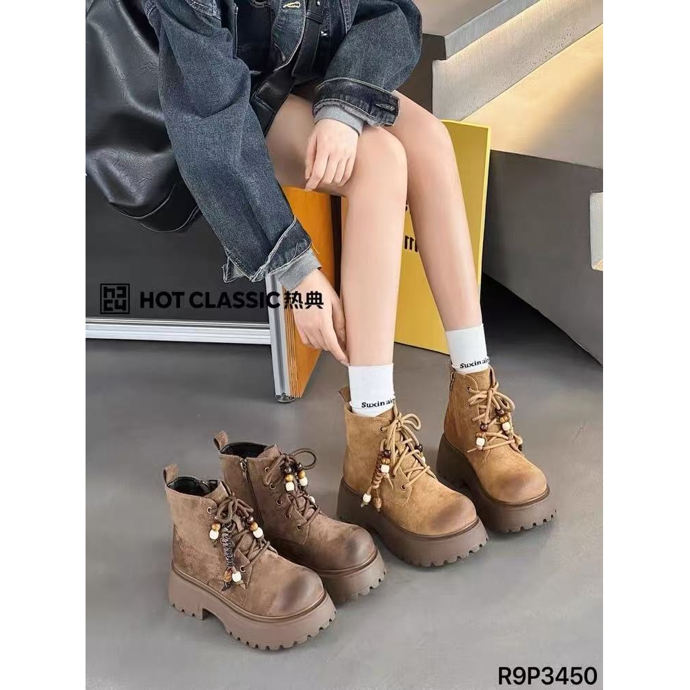 厚底时装靴女新款复古显瘦套筒马丁靴短靴6790-122（不加绒）