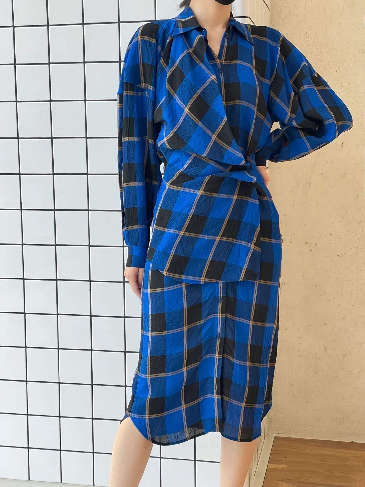 小众设计师款【PB】蓝黑格子连衣裙XS码