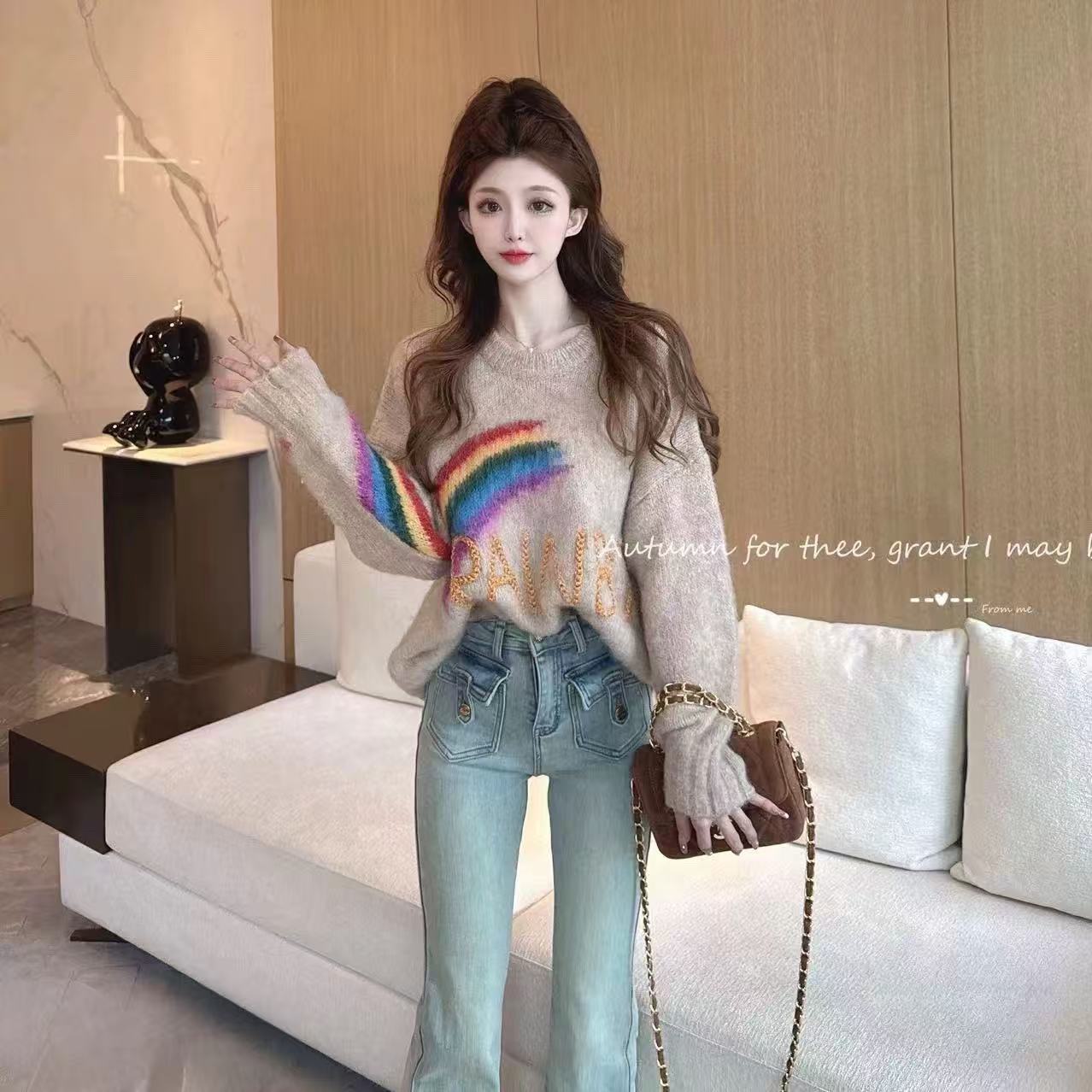 【彩虹】圆领女彩虹针织毛针织衫秋冬女装打底百搭