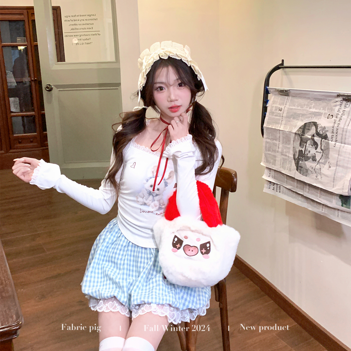 甜心雪兔 织物猪原创 韩系少女蕾丝花边收腰打底清新格纹蛋糕短裙