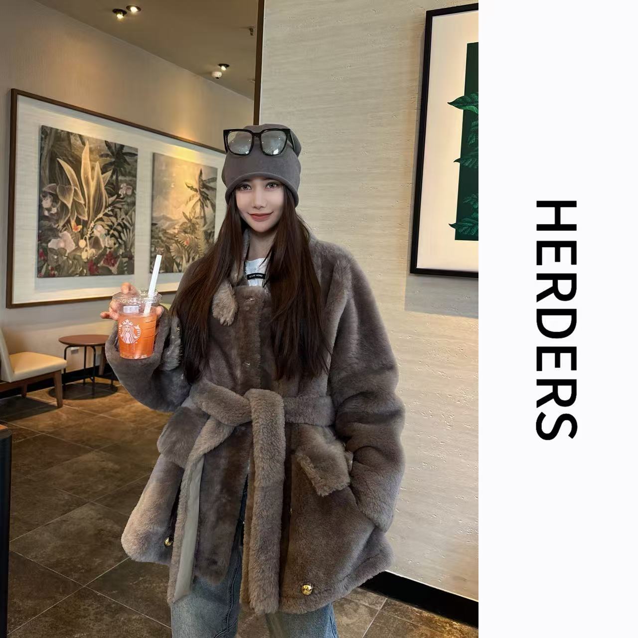 HERDERS 中长款立领皮毛一体外套 50727