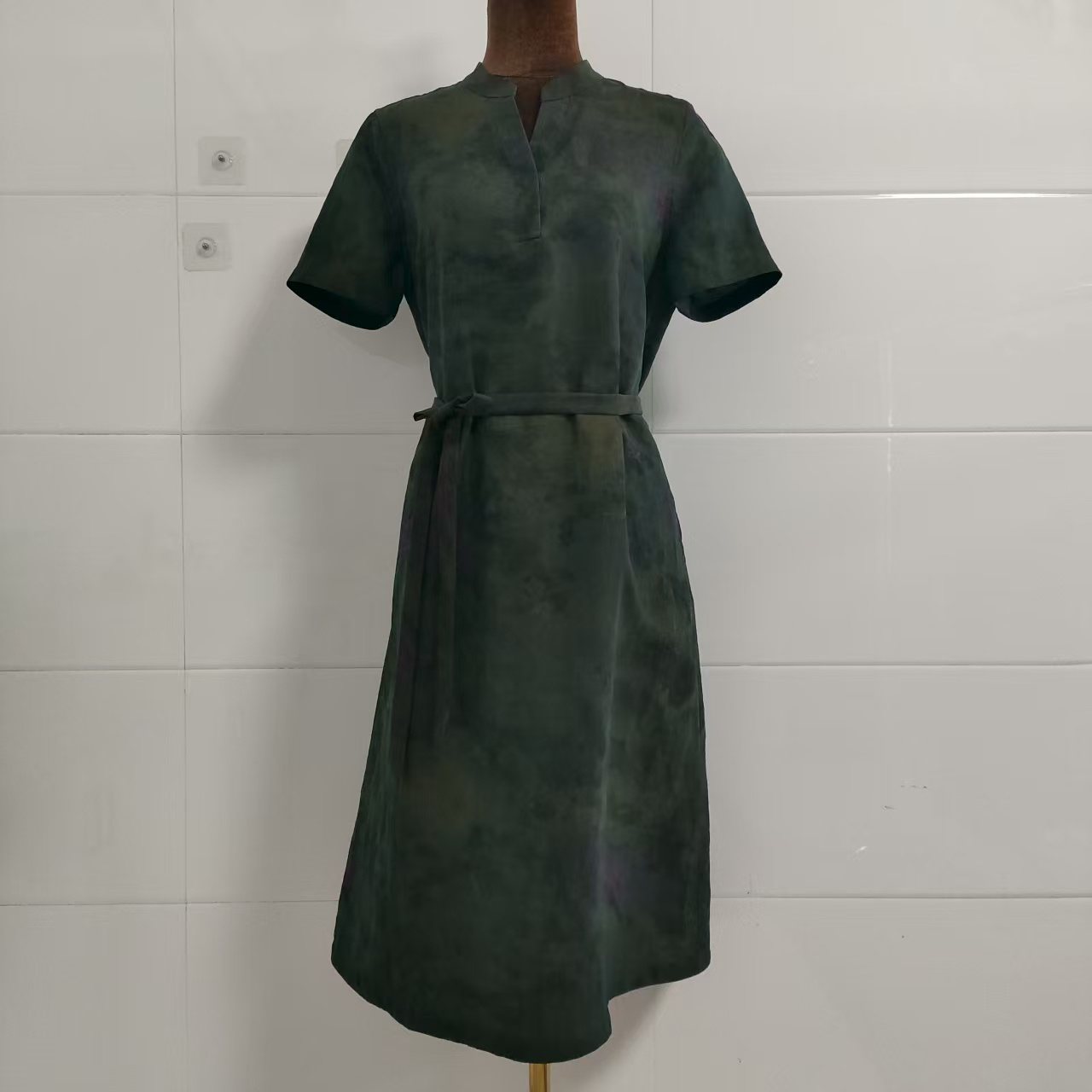 香云纱龟裂纹墨绿扎染双非遗连衣裙