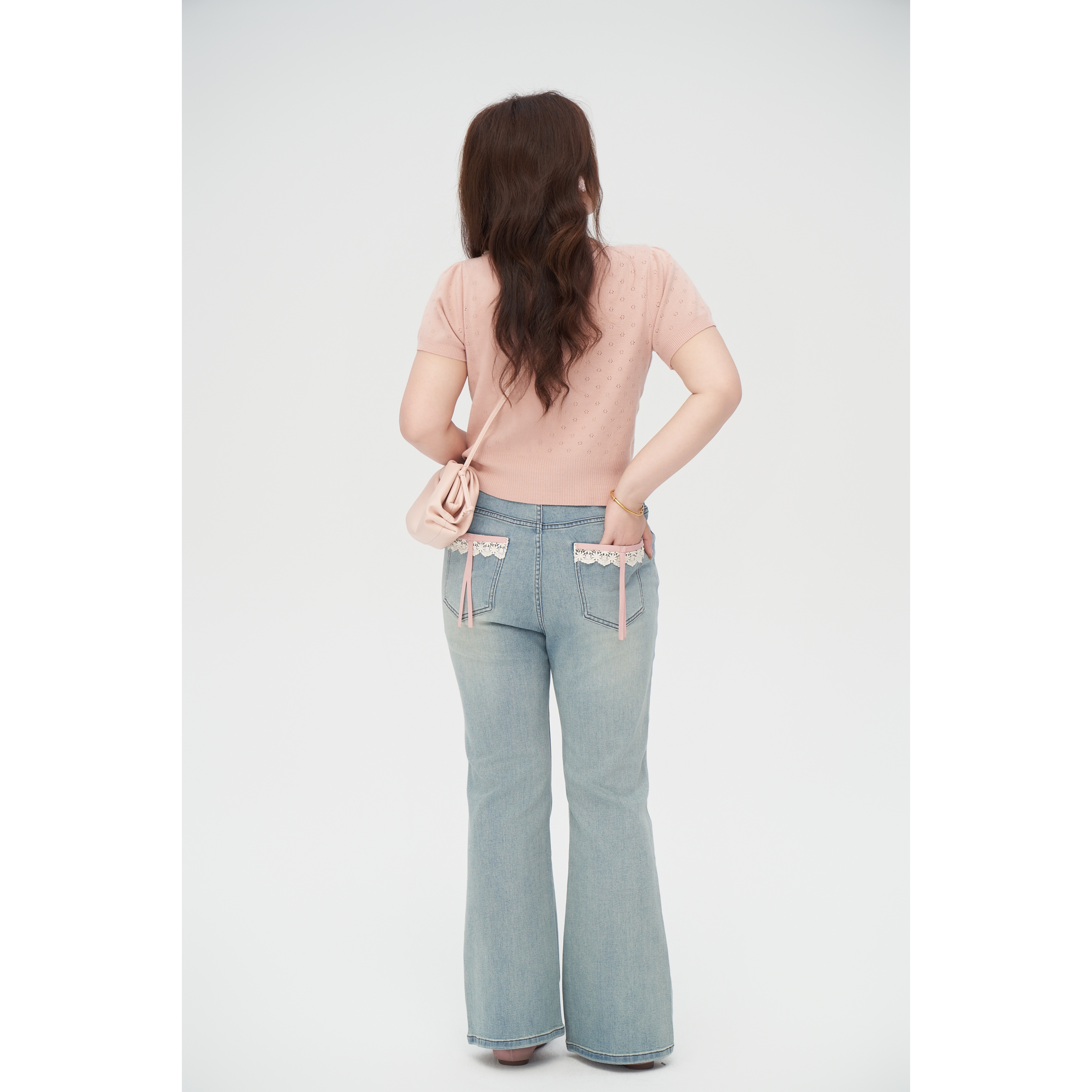 【秒变腿精】大头婷丫丫定制春夏牛仔裤高腰粉色蝴蝶结微喇裤长款