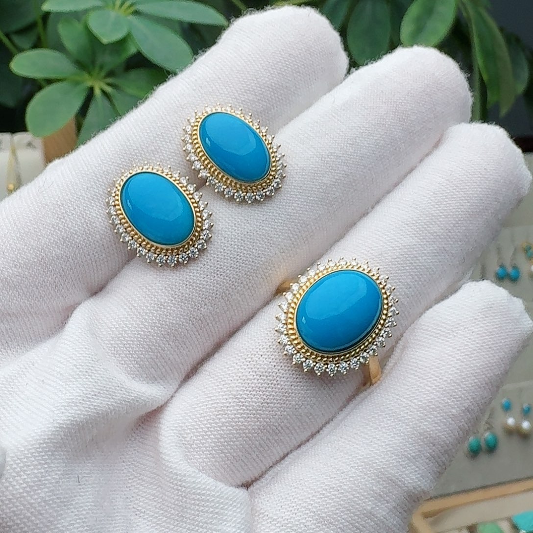 绿松石18K金镶嵌戒指戒指耳钉套装