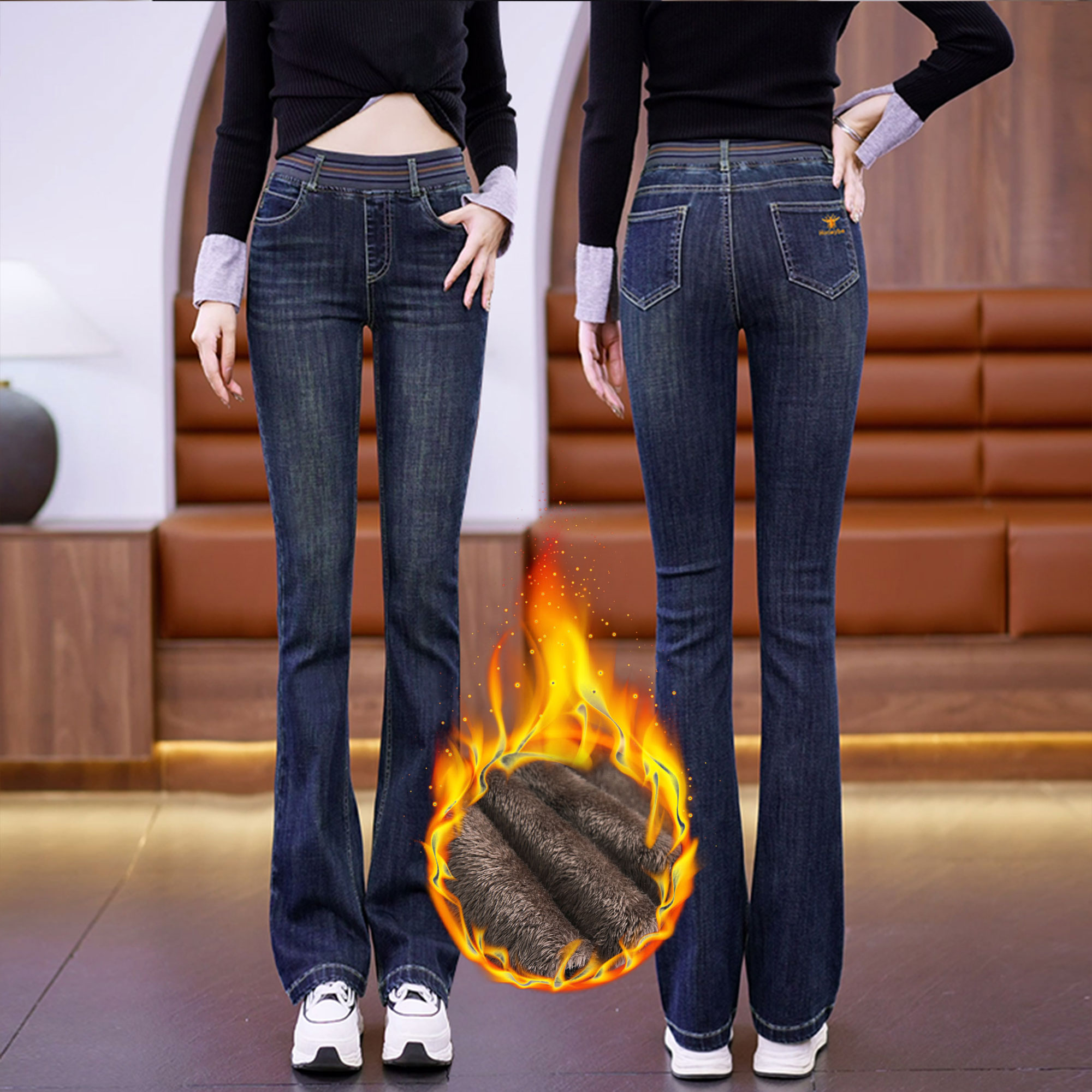 2025冬季新款高腰窄版微喇裤修身显瘦弹力松紧腰微喇叭时尚裤子