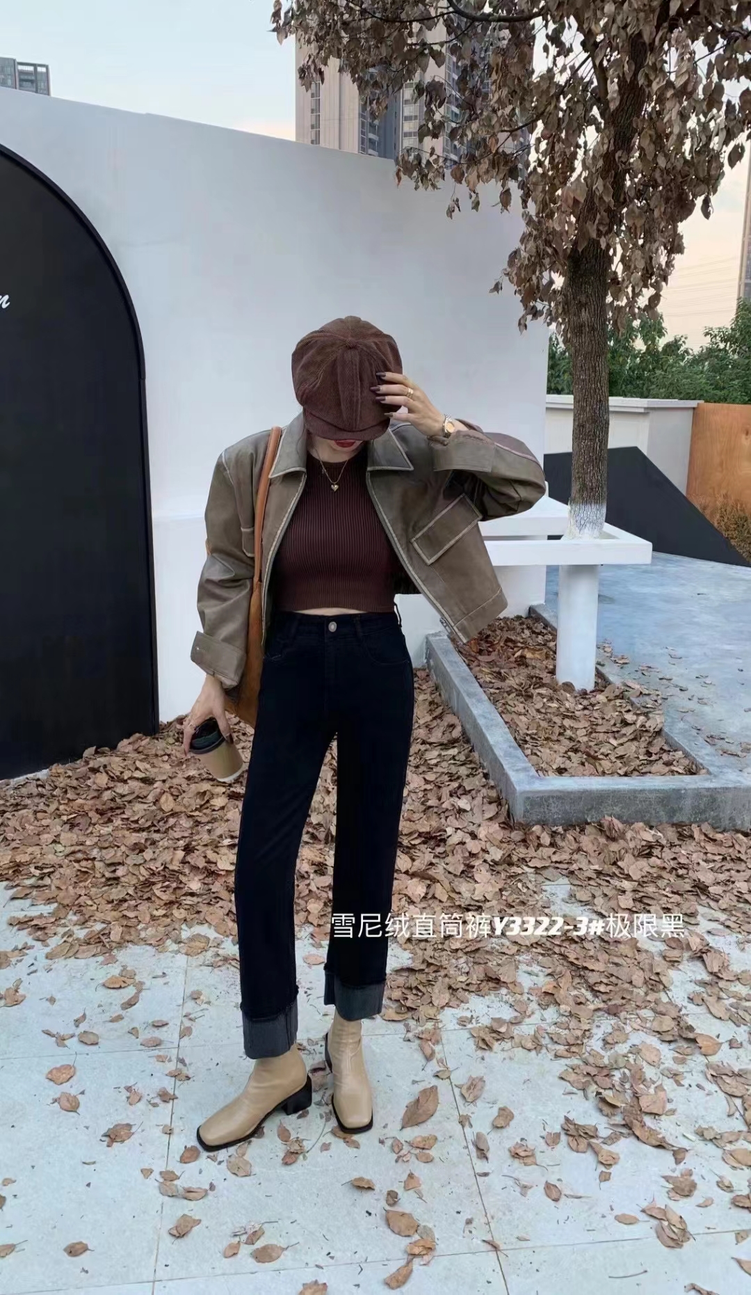 Y3322-3极限黑高品质高弹雪尼绒直筒裤