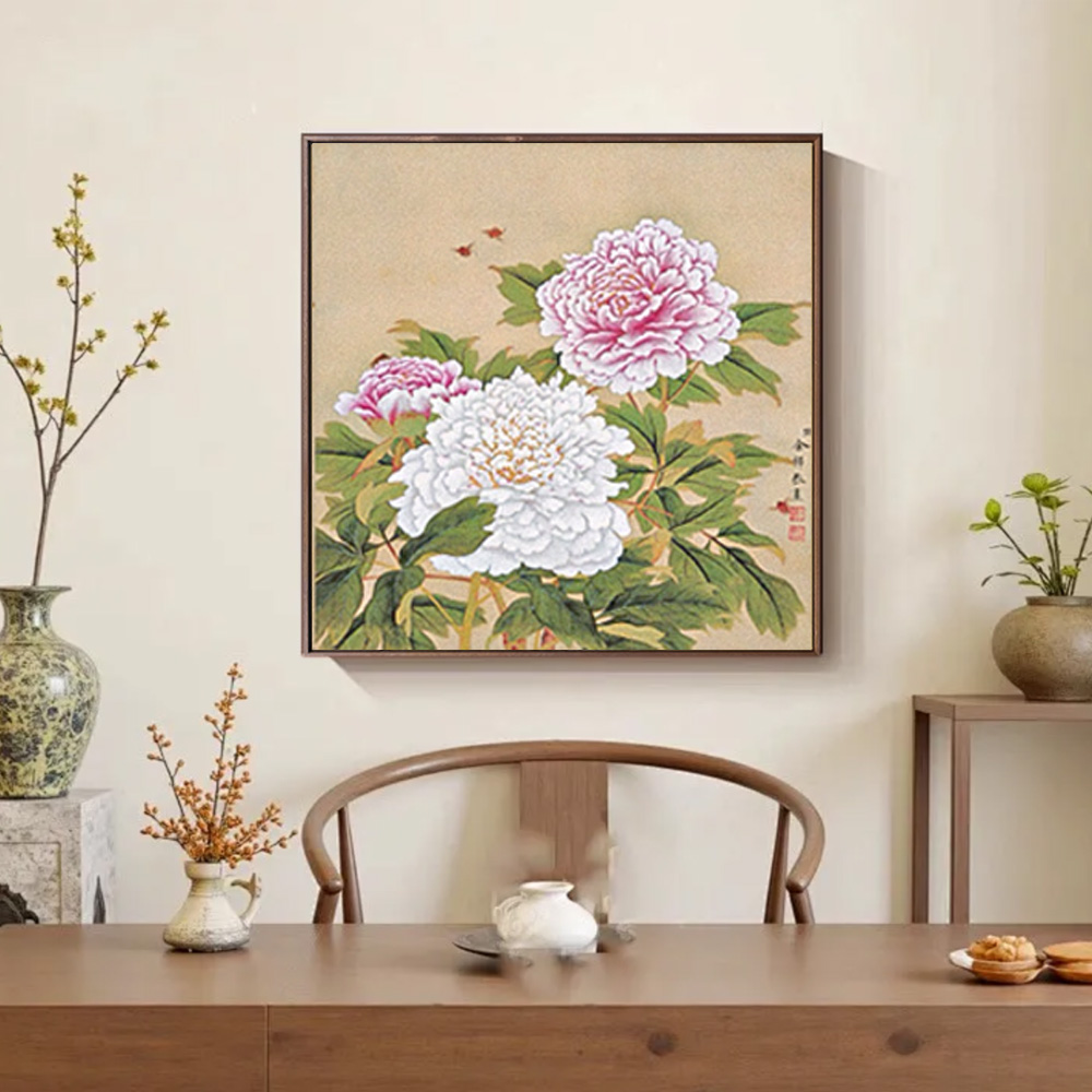 【牡丹】绢布满铺客厅 书房 卧室 办公室 斗方复刻装饰挂画 新中式