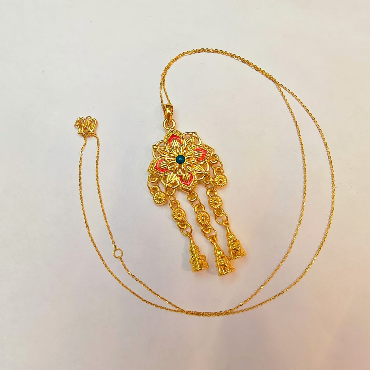 87#足金999黄金 珐琅彩5G硬金工艺 宝相花流苏套链