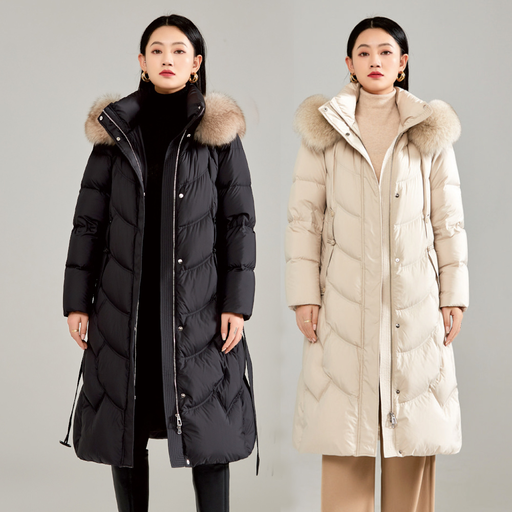 E-399 90白鹅绒大毛领羽绒服女2025新款高端连帽中长款过膝加厚