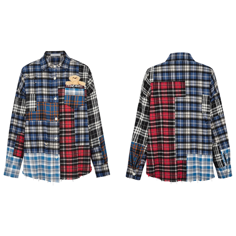 小熊破坏格子不规则拼接衬衫撞色外套DLDE1331