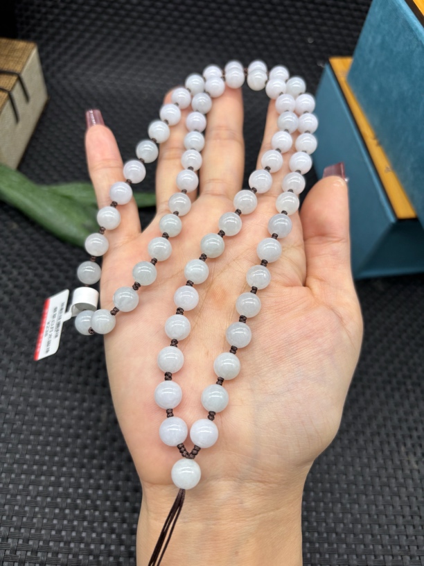 福利天然A货缅甸翡翠白月光圆珠8mm玉石挂件绳毛衣链项链长链百搭