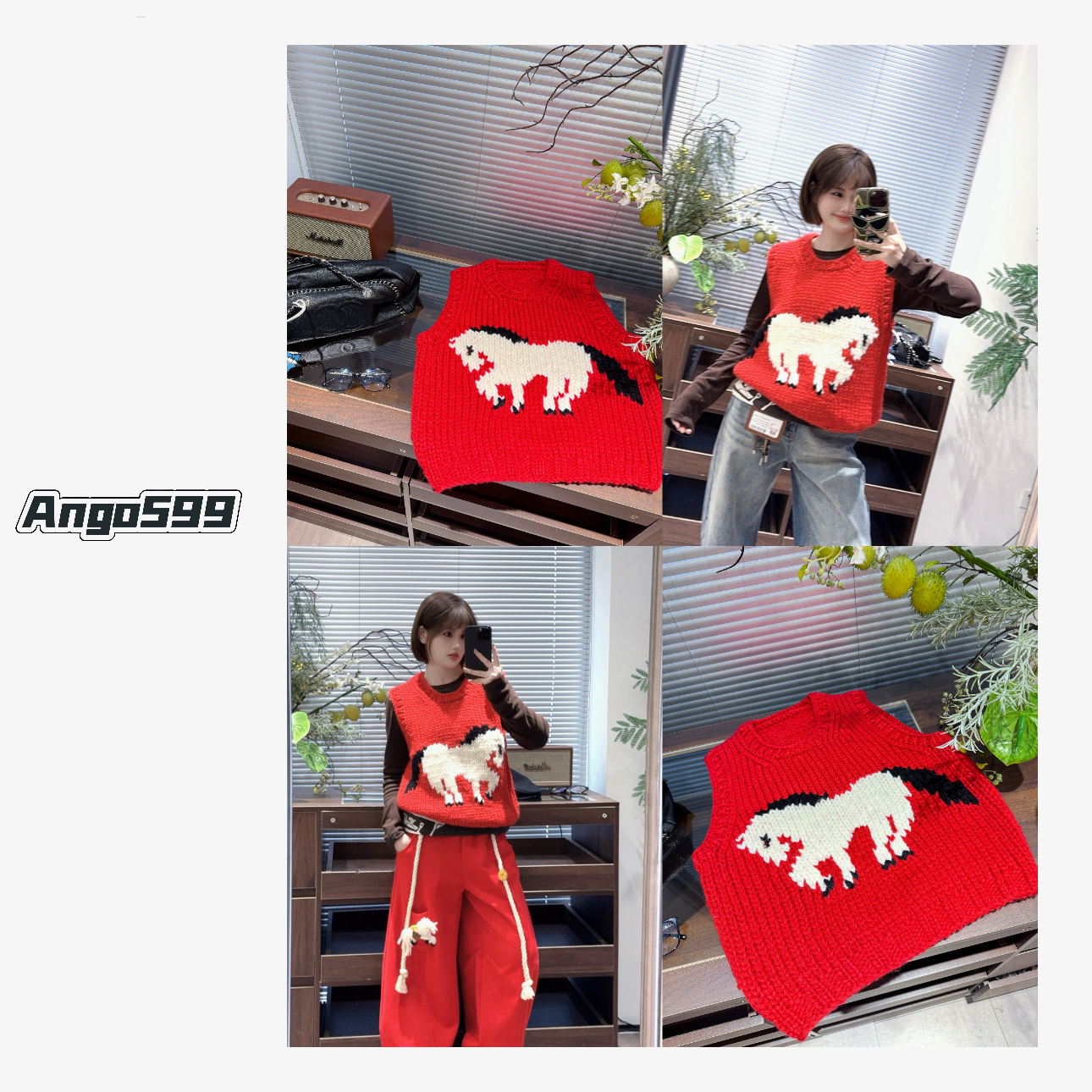 一“马”当先* 手工棒针粗线织红色圆领无袖宽松显瘦针织马甲背心