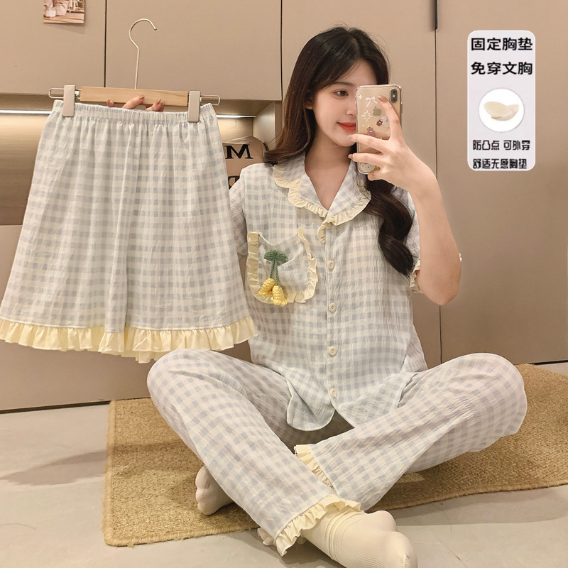 韩版甜美带胸垫短袖女夏季碎花睡衣可外穿家居服