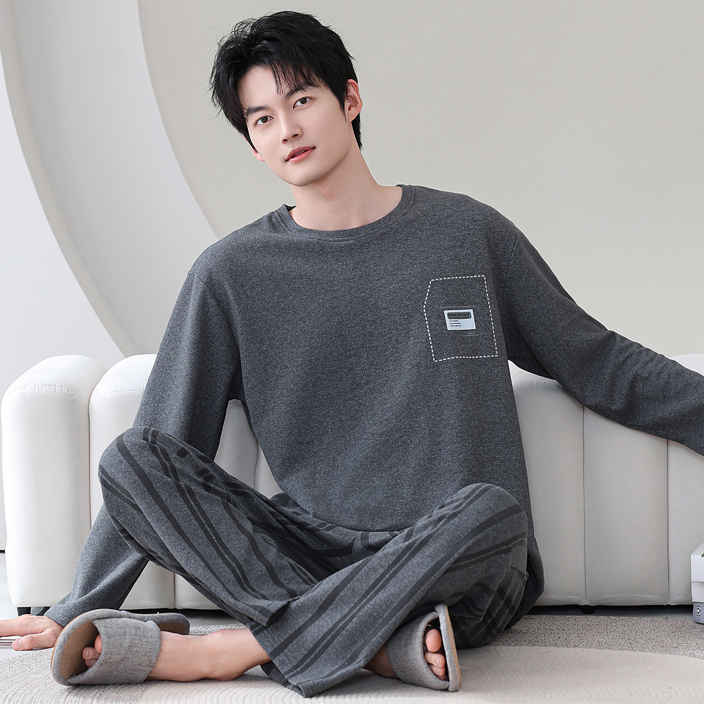 【纯棉】长袖长裤男士睡衣春秋冬季圆领简约休闲外穿纯色家居服套装