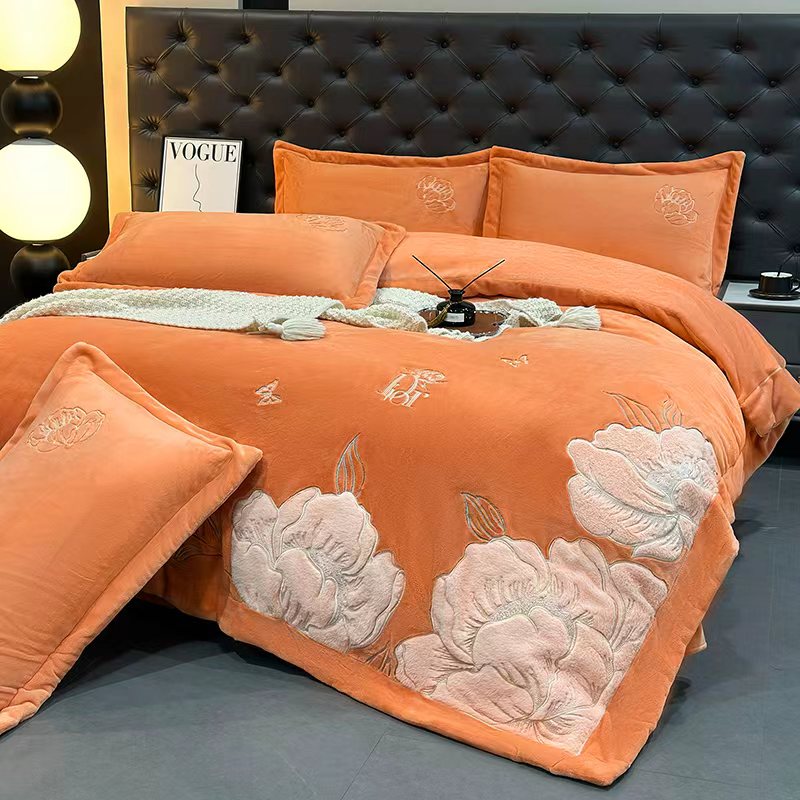 【芙蓉】橙绣花加厚牛奶绒绒四件套刺绣婴肤绒绒被套大床单枕套