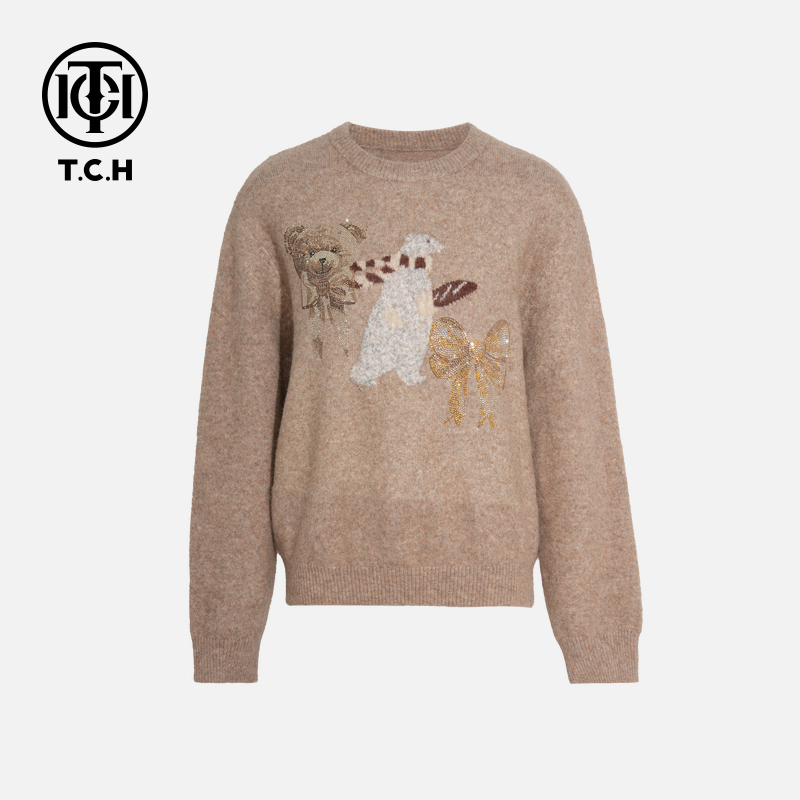 年终大促款TCH秋季氛围感烫钻时尚淑女卡其针织衫T75D09E1011轻奢