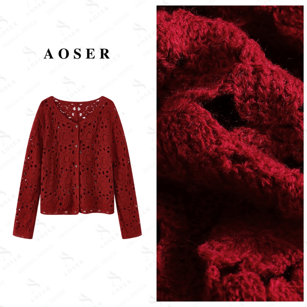 AOSER时尚百搭洋气镂空针织女酷飒风女装高级感长袖红色短款17358
