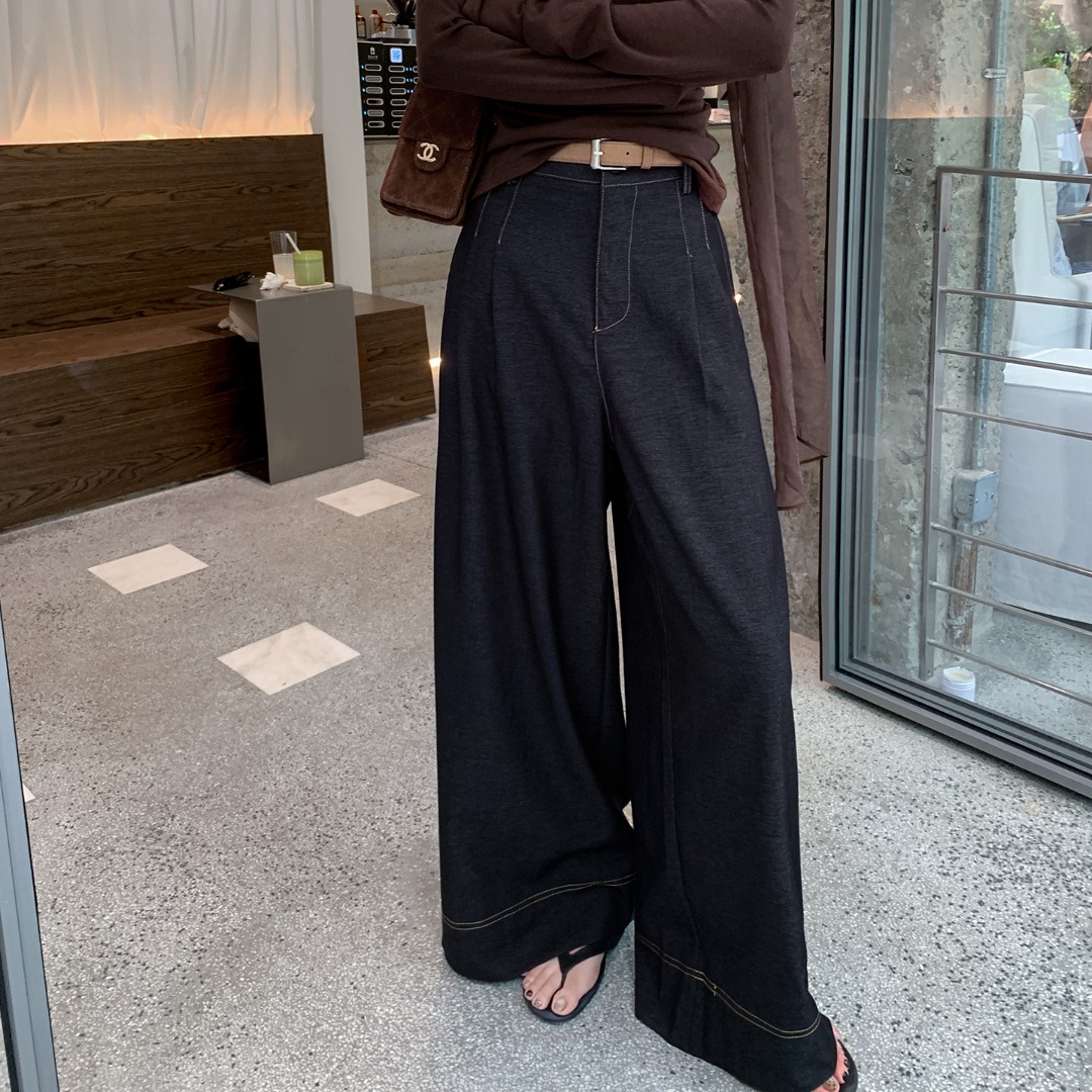 缤菓binguo 复古藏青色高腰直筒阔腿裤女2025秋季宽松休闲牛仔裤
