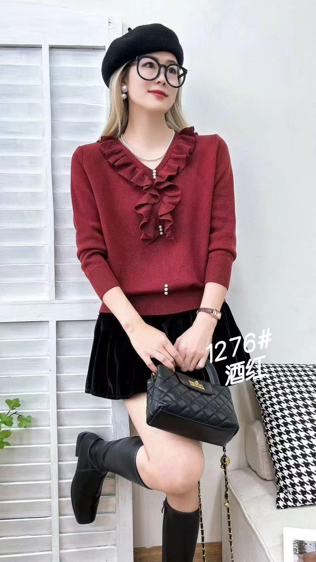 新款百搭荷叶领毛衣1276