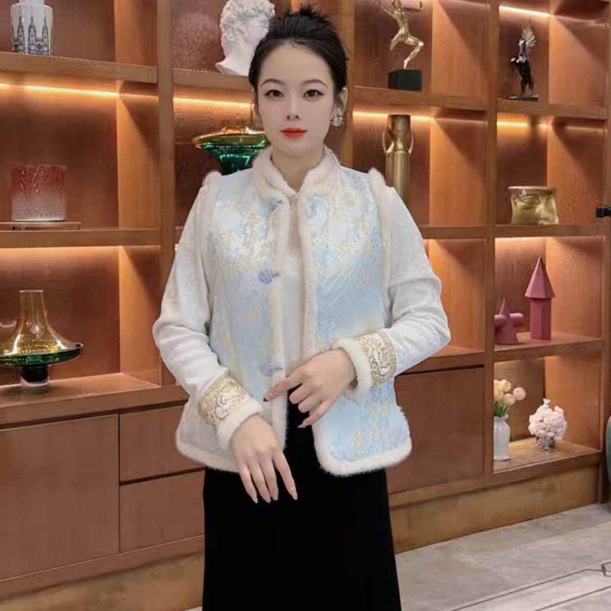 冬季新款新中式国风浮雕提花马甲女