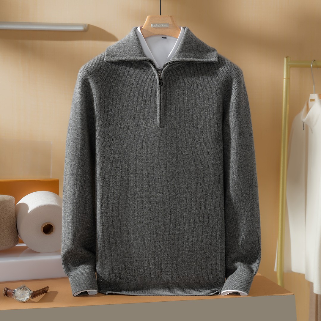 【之和同款】100%山羊绒男士元宝针翻领半开拉链商务休闲针织衫秋冬